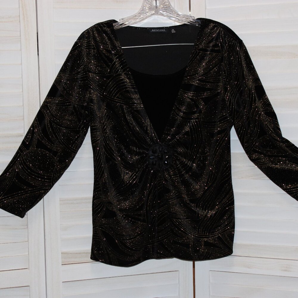 Y2k Notations Womens Medium Black Velvet Gold Glitter Top Whimsigoth Glam - Picture 4 of 9